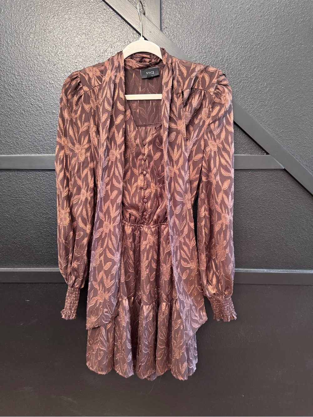 VICI Mauve Rust Leaf-Print Long-Sleeve Mini Dress